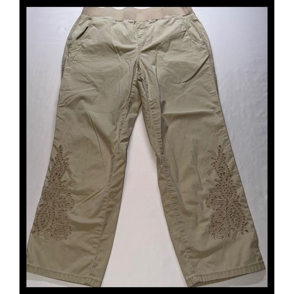 Chico's Embroidered Pull On Pants Women Size 0 (4) Beige Eyelet Casual Trousers